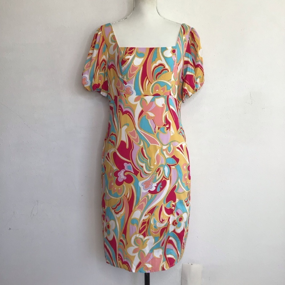 Emily Wonder Fun Elegant Puff sleeve Colorful Floral Women's Sheath Mini Dress L